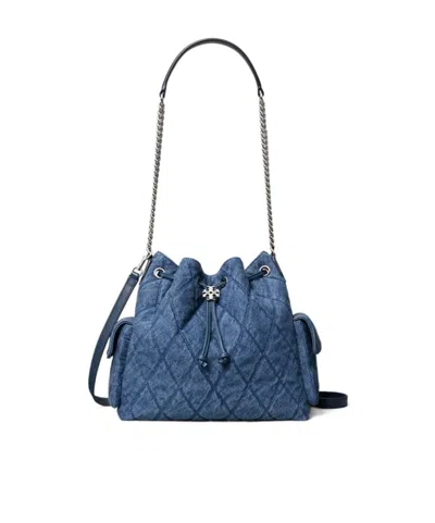 Tory Burch Charlie Quilted Denim Drawstring Shoulder Bag In Blue