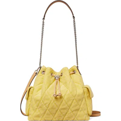 Tory Burch Charlie Quilted Denim Drawstring Shoulder Bag In Yellow