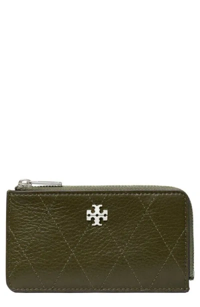 Tory Burch Charlie Quilted Leather Zip Card Case In Green
