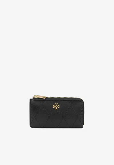 Tory Burch Charlie Quilted Leather Zip Cardholder In Black