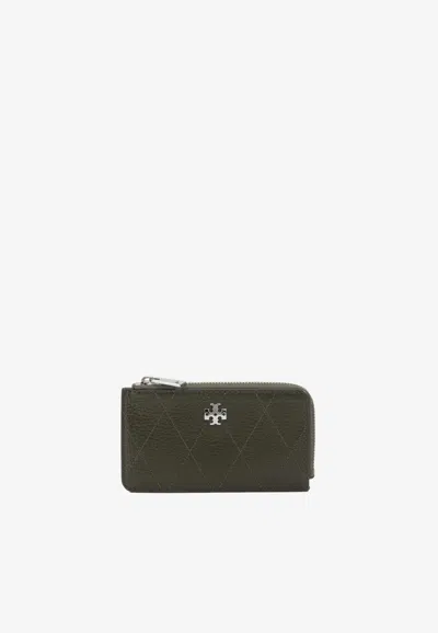 Tory Burch Charlie Quilted Leather Zip Cardholder In Green