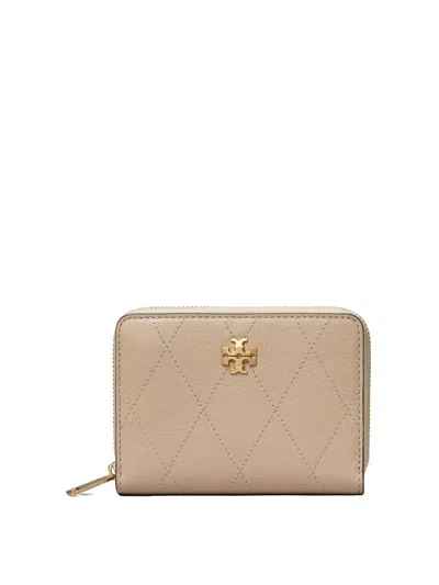 Tory Burch Charlie Quilted Small Zip Around Wallet In Beige