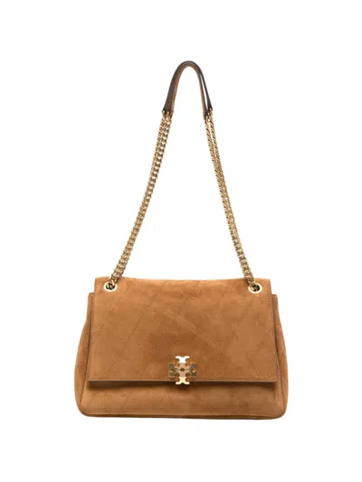 Tory Burch Charlie Quilted Suede Shoulder Bag In Beige