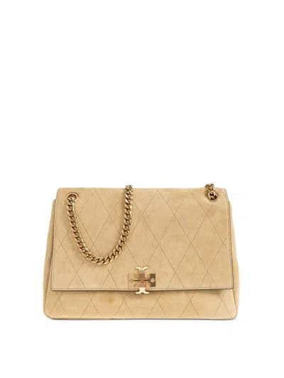Tory Burch Charlie Quilted Suede Shoulder Bag In Grey