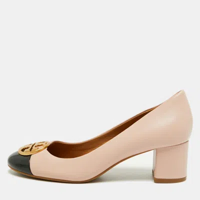 Pre-owned Tory Burch Chelsea Size 37 Pink/black Leather And Patent Leather Block Heel Pumps