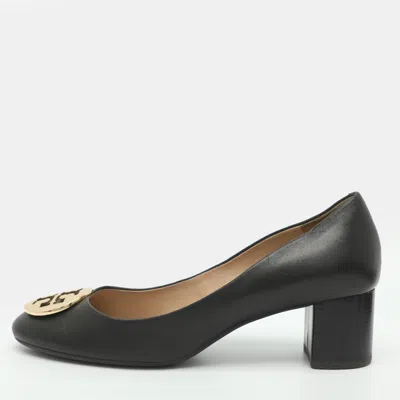 Pre-owned Tory Burch Chelsea Size 38 Black Leather Block Heel Pumps