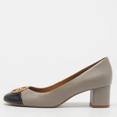 Pre-owned Tory Burch Chelsea Size 38 Black/grey Leather Block Heel Pumps