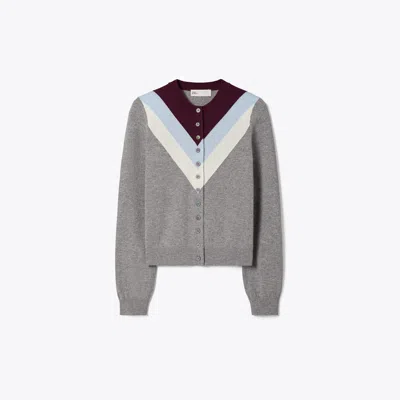 Tory Burch Chevron Wool Cardigan In Gray