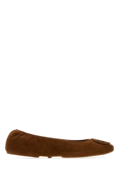 Tory Burch Chocolate Suede Minnie Ballerinas In Brown