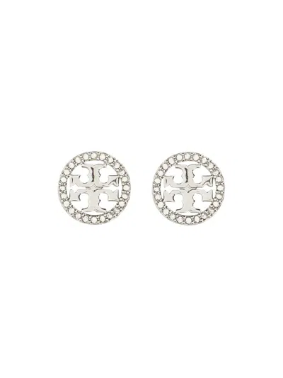 Tory Burch Circle-stud Crystal Logo Earrings In Silver