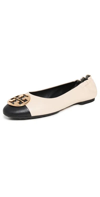 TORY BURCH CLAIRE CAP TOE BALLET FLATS NEW CREAM / BLACK / GOLD