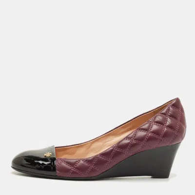 Pre-owned Tory Burch Claremont Size 41 Burgundy/black Leather And Patent Wedge Pumps