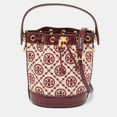 Pre-owned Tory Burch Claret/new Cream T Monoram Fabric Mini Chenille Bucket Bag In Burgundy