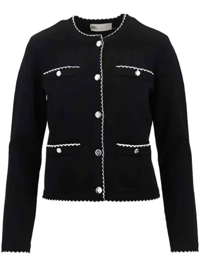 Tory Burch Classic Crew Neck Wool Cardigan With Contrasting Trim And Patch Pockets In Black