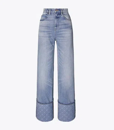 Tory Burch Classic Cuff Straight Leg Jeans In Light Vintage Wash