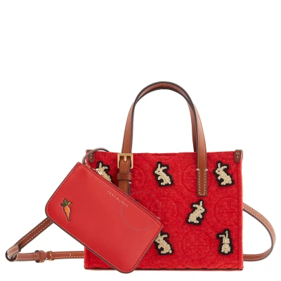 Tory Burch Classic Cuoio Rabbit T Monogram Embroidered Tote In Red