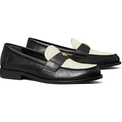 Tory Burch Black Leather Loafers With Decorative Emblem