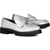 Tory Burch Metallic Medallion Classic Lug-sole Loafers In Argento
