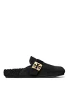 Tory Burch Mellow Logo Plaque Shearling Flat Mules In Black