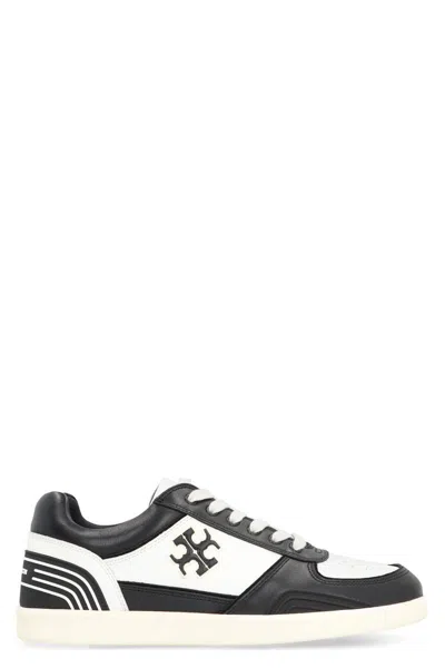 Tory Burch Clover Court Leather Low-top Trainers In Purity/perfect Black