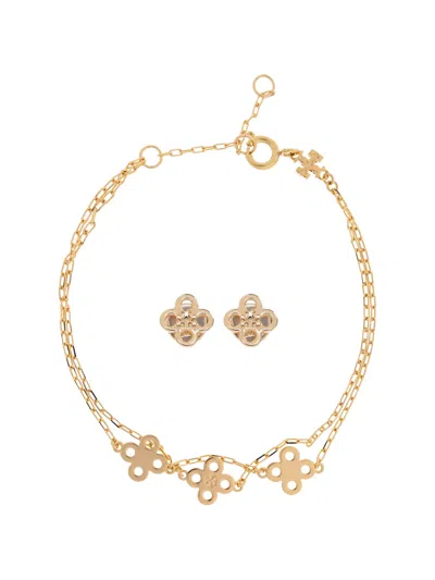 Tory Burch Clover-logo Earrings And Bracelet Set In Gold