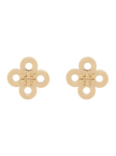 Tory Burch Clover Logo Plate Metallic Mini Stud Earrings With Butterfly Closure