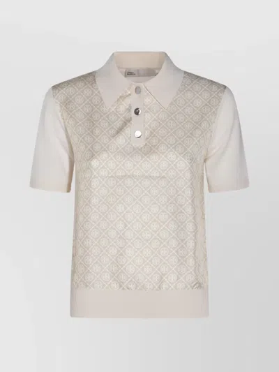 TORY BURCH COLLARED POLO WITH PATTERNED FRONT AND SHORT SLEEVES