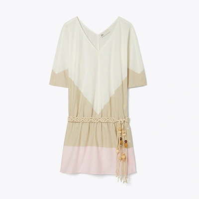 Tory Burch Colourblock Cotton Flounce Dress In White/khaki/stone Pink