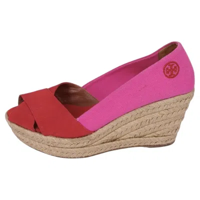 Pre-owned Tory Burch Colorblock Espadrille Wedge Pink Red Canvas - Eu 38