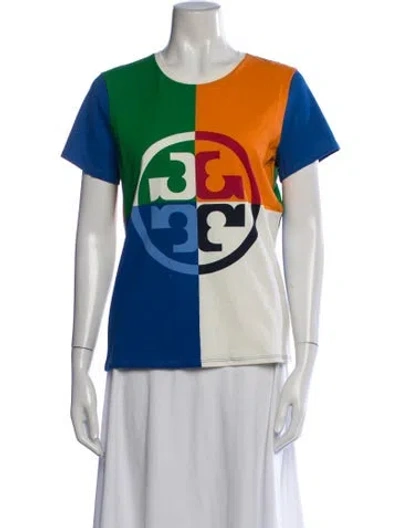 Pre-owned Tory Burch Colorblock Pattern Crew Neck T-shirt W/ Tags In Blue