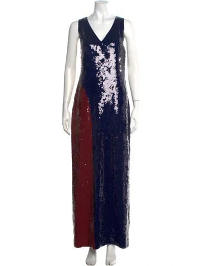 Pre-owned Tory Burch Colorblock Pattern Long Dress In Blue