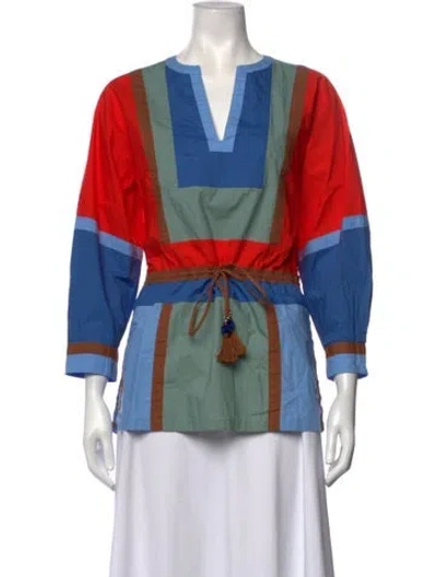 Pre-owned Tory Burch Colorblock Pattern V-neck Tunic In Blue