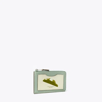 Tory Burch Colorblock Pea Pod Zip Card Case In Blue Celadon