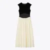 Tory Burch Colorblock Pleated Dress In Biscuit