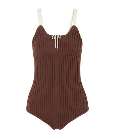 Tory Burch Color-block Ribbed-knit Bodysuit In Brown