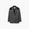 Tory Burch Colorblock Stretch Blazer In Coal Gray/deep Ruby/teal Green