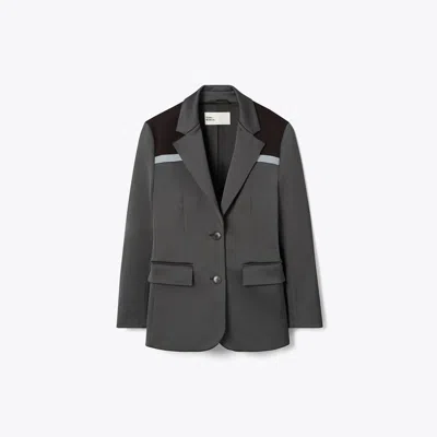 Tory Burch Colorblock Stretch Blazer In Coal Gray/deep Ruby/teal Green