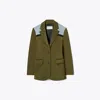 Tory Burch Colorblock Stretch Blazer In Dark Oliva/muted Slate/black