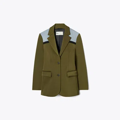 Tory Burch Colorblock Stretch Blazer In Dark Oliva/muted Slate/black