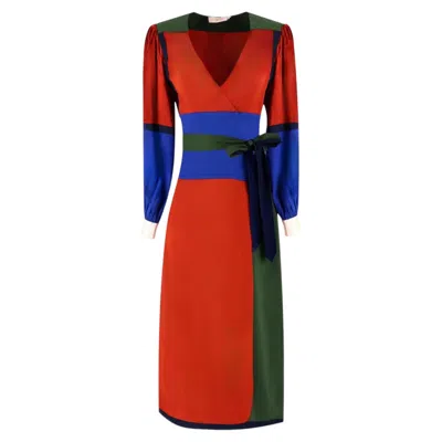 Pre-owned Tory Burch Colour-block Silk Blend Crepe Wrap Dress In Red