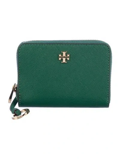 Pre-owned Tory Burch Compact Saffiano Leather Wallet In Green