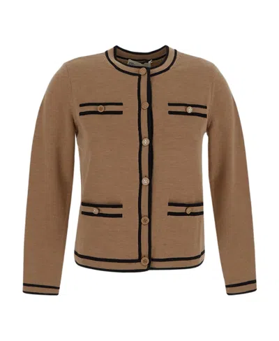 Tory Burch Contrast-trim Round Neck Cardigan In Brown