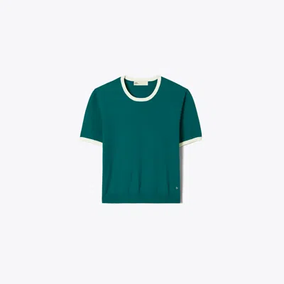 Tory Burch Contrast-trim Short-sleeve Sweater In Green