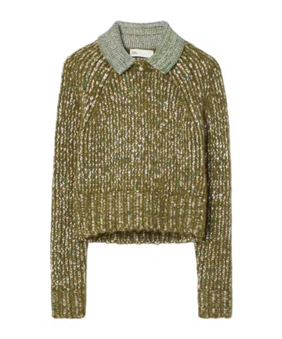 Tory Burch Contrasting-collar Sweater In Hedgehog Brown