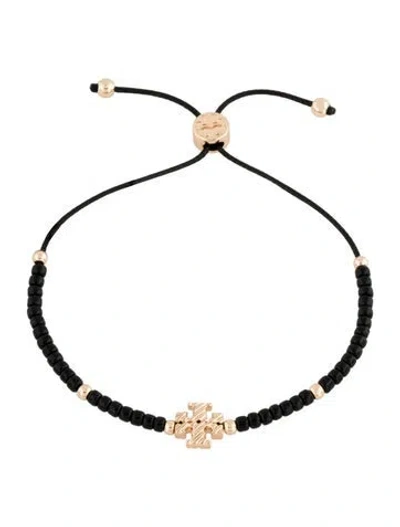 Pre-owned Tory Burch Cord & Beaded Adjustable Slider Bracelet, 9" In Black