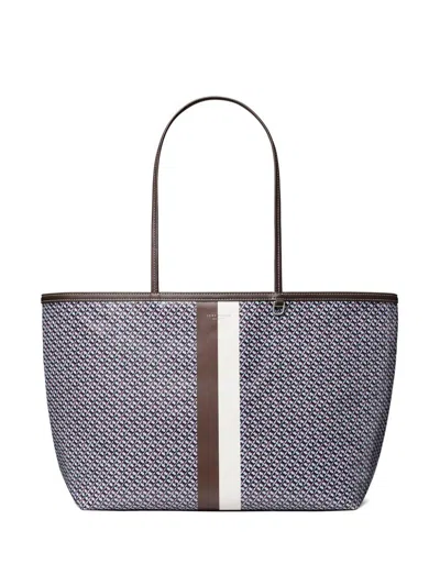 Tory Burch Cotton And Linen Blend Shopping Bag With Monogram  In Multi