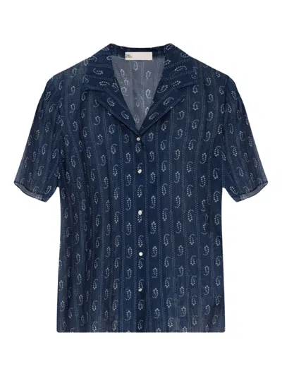 Tory Burch Cotton And Silk Short-sleeve Button-up Shirt In Blue