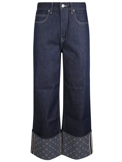Tory Burch Cotton Logo Jeans With Contrast Stitching And Patterned Cuffs In Blue