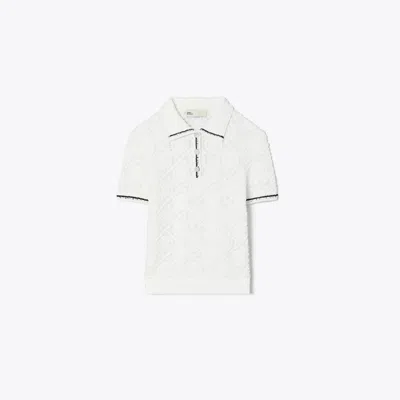 Tory Burch Cotton Logo Lace Polo Top In White