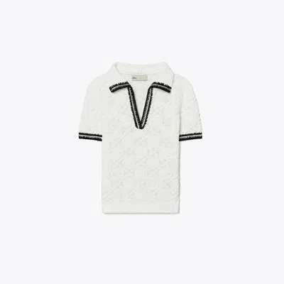 Tory Burch Cotton Pointelle Knitted Polo Shirt In White